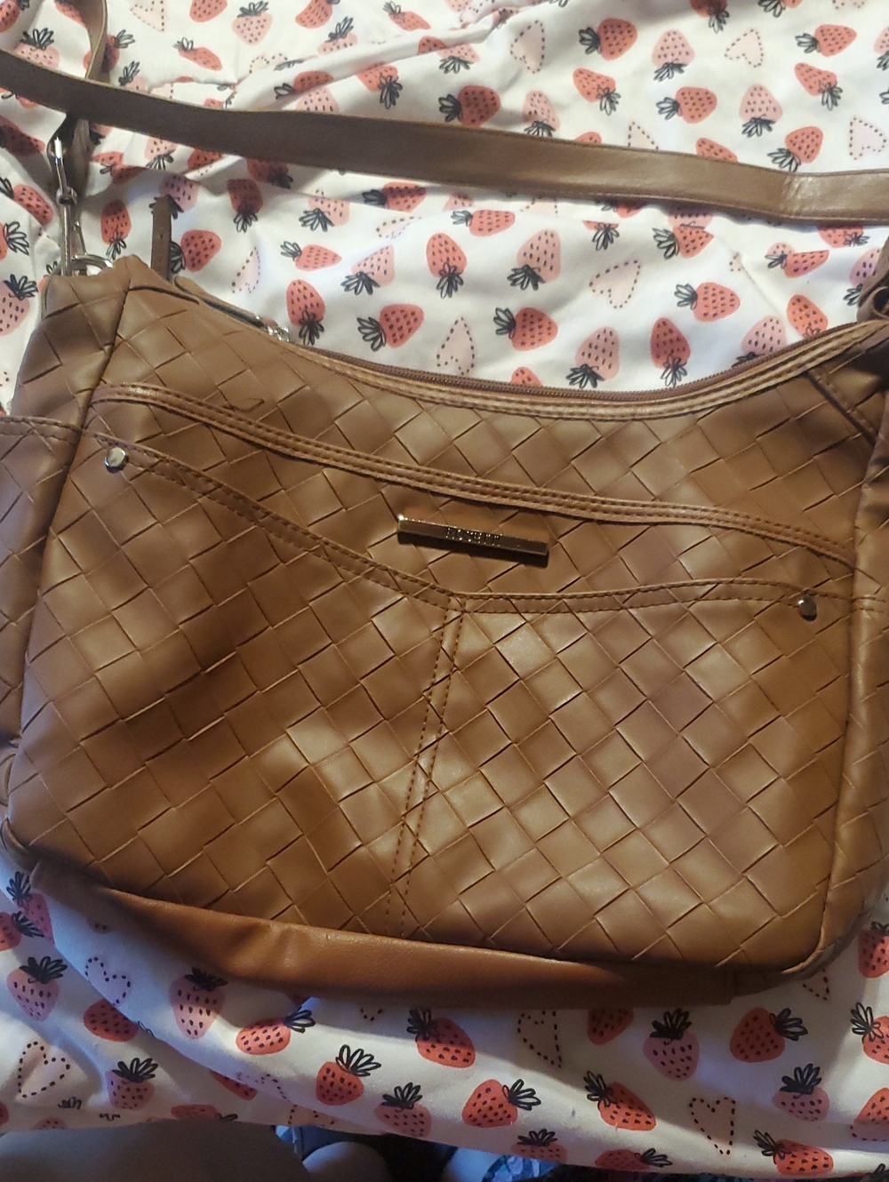 Rosetti Woven Vegan Leather Shoulder Bag in cognac brown
